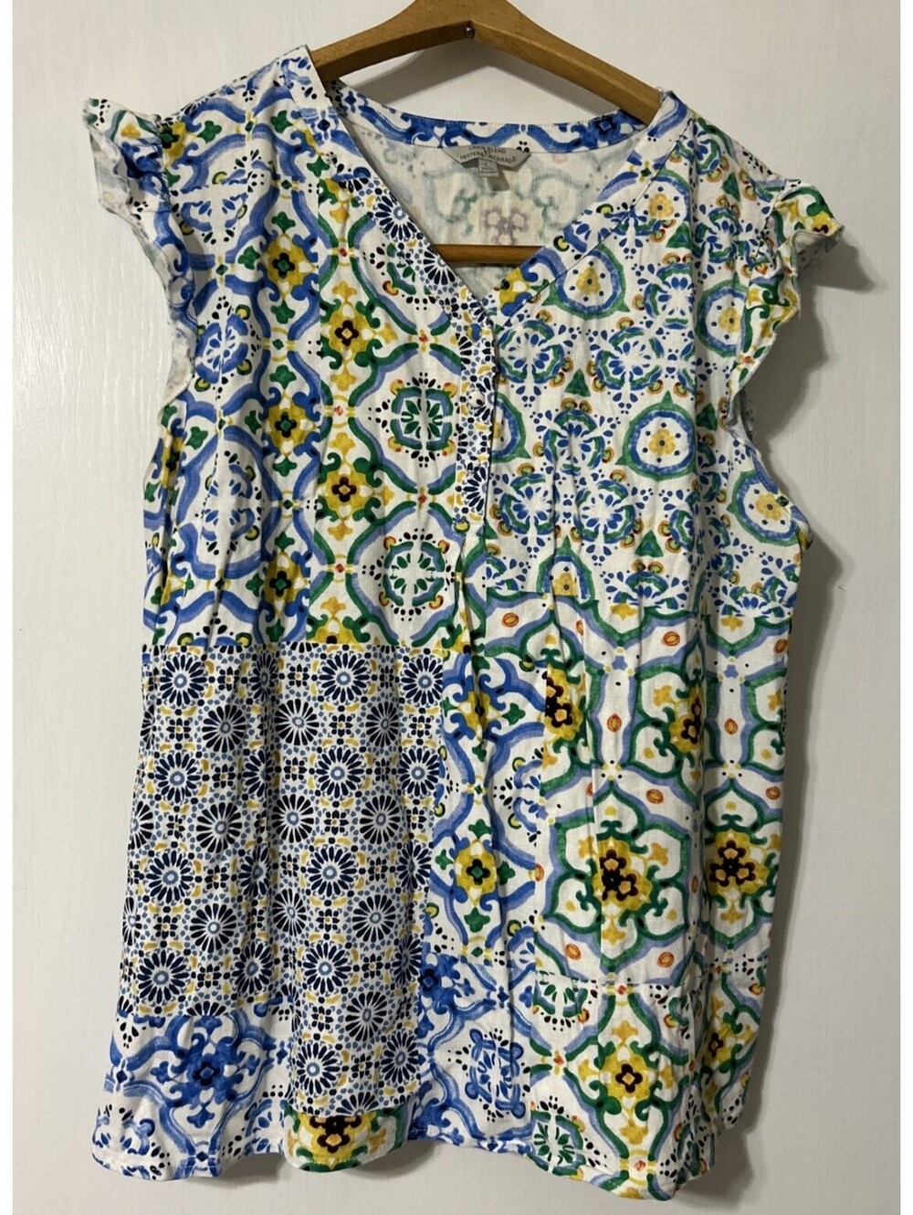 Linen Blend by Hester & Orchard Short Sleeve L Floral Blue, Yellow, White